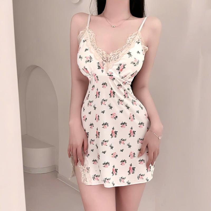 Đầm Ngủ Hai Dây Hoạ Tiết Nhỏ Dễ Thương Phối Nơ, Váy Body Phối Ren Nhẹ Nhàng, Gợi Cảm, Quyến Rũ, Freesize <55kg 3