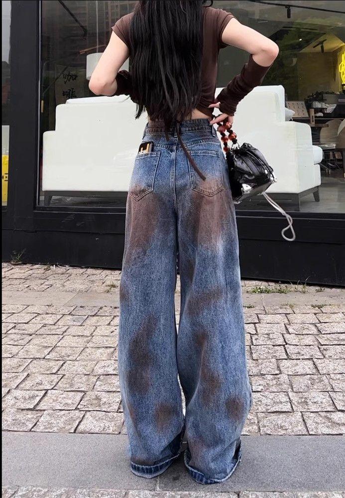 Product Introduction of Retro Tattered Jeans Jeans Women's Summer Thin New Tie-Dyed Slimming High Waist Straight High Street Design Sense Mop Pants 5
