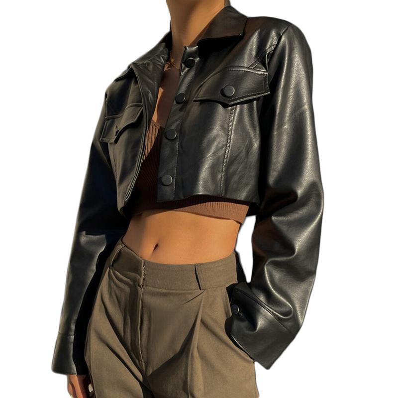 Women Crop Leather Jacket Solid Color Casual Long Sleeve Button Down Jacket Fall Outwear 2