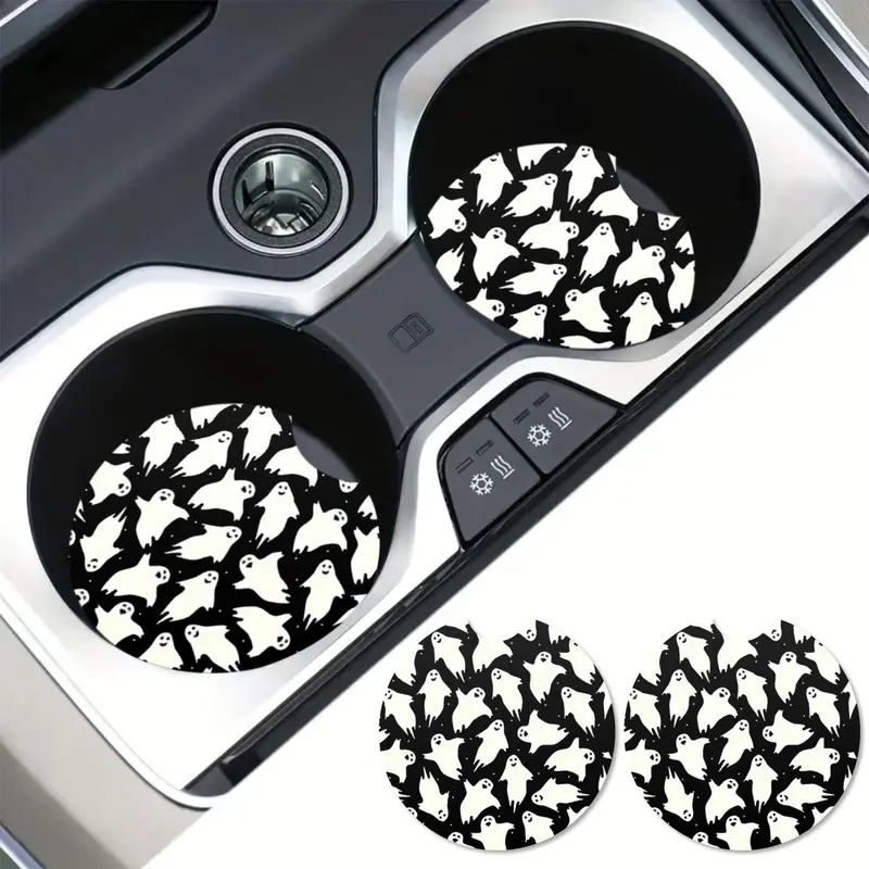 Cute Cartoon Ghost Pattern Car Coaster, 2 Counts Universal Non-slip Car Cup Holder Mat, Cup Mat for Most Car Interior, Car Interior Decoration Accessories 4
