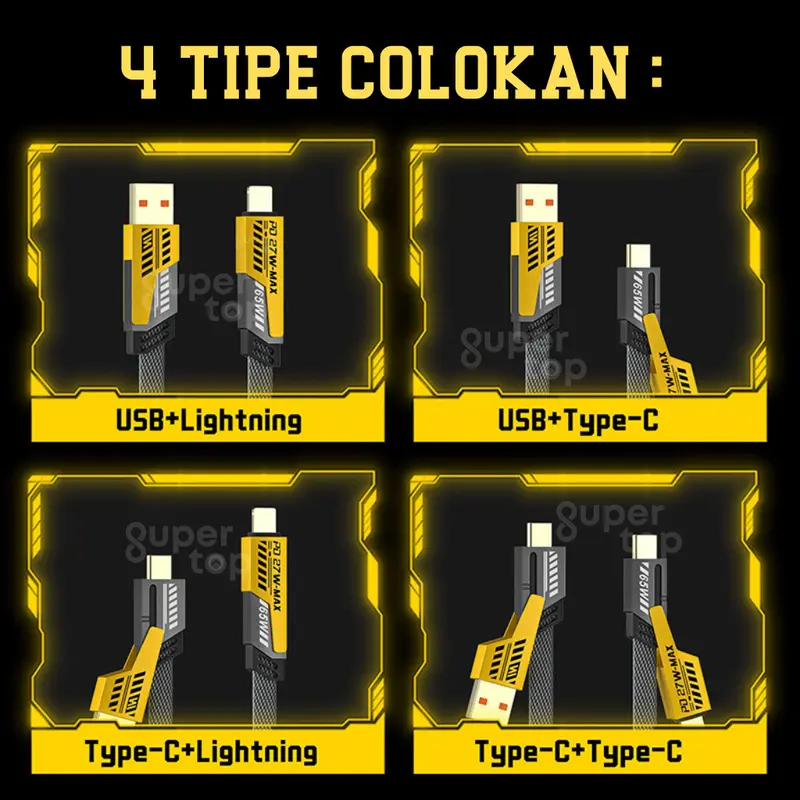 Kabel Data Fast Charging 4in1 65W Dual Input USB and Typec to Typec Lightning Multi Cable Charge 1