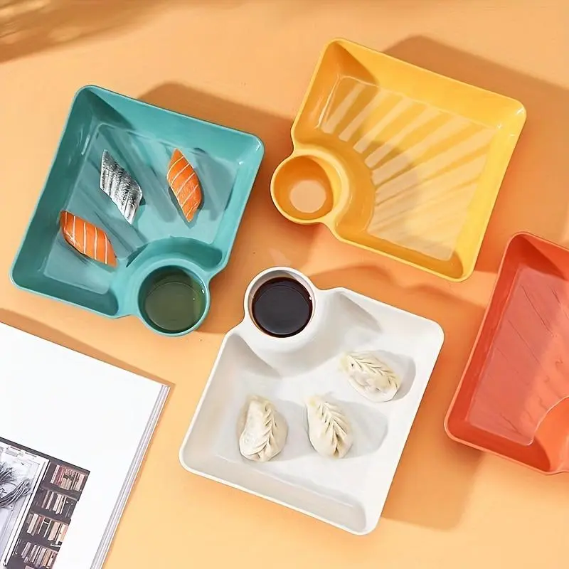 4pcs Dumpling Plate With Sauce Dish, Creative Square Snack Plate, Household Dipping Plate For Kitchen Dining Room Round Set 5