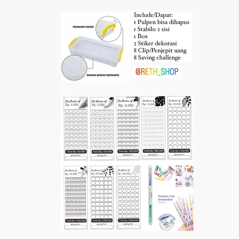Rethshop Box menabung target tinggi free bolpoin, spidol, klip uang dan stiker dekorasi