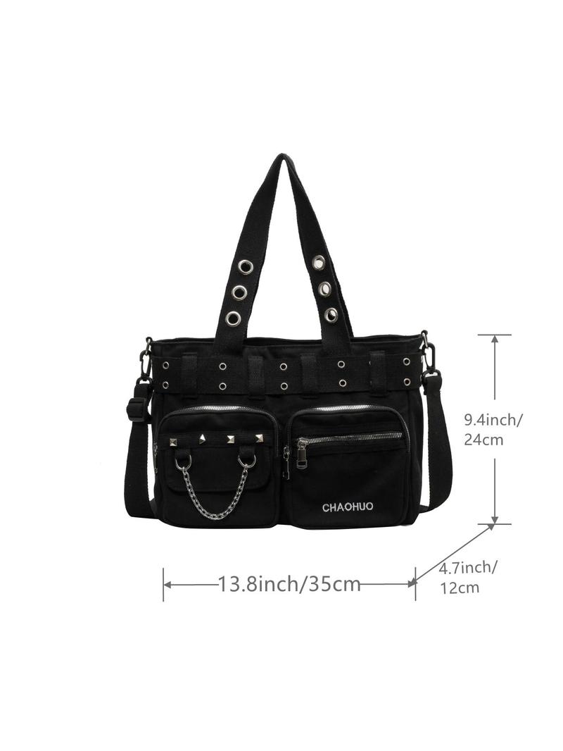 Product Introduction of Women's Fashionable All-match Punk Style Tote Bag with Multi-pocket Design, Casual Versatile Zipper Design, Large Capacity Shoulder Tote Bag 16