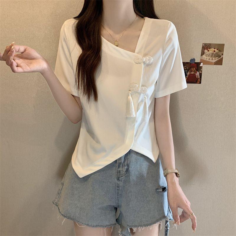 Product Introduction of Women's New Chinese Button Irregular Short T-shirt Fat Mm Cover Belly V-neck Top Womenswear Blouse Check Flat 12
