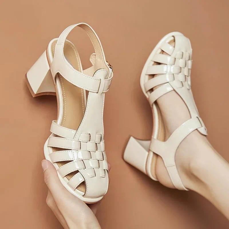 Product Introduction of Summer New Covered Toe T-strap Roman Gladiator Sandals Womens Hollow Mid Heels Solid Casual Buckle Shoes Sandalias 35-40 Walking Shoes Footwear Girl Comfort 6