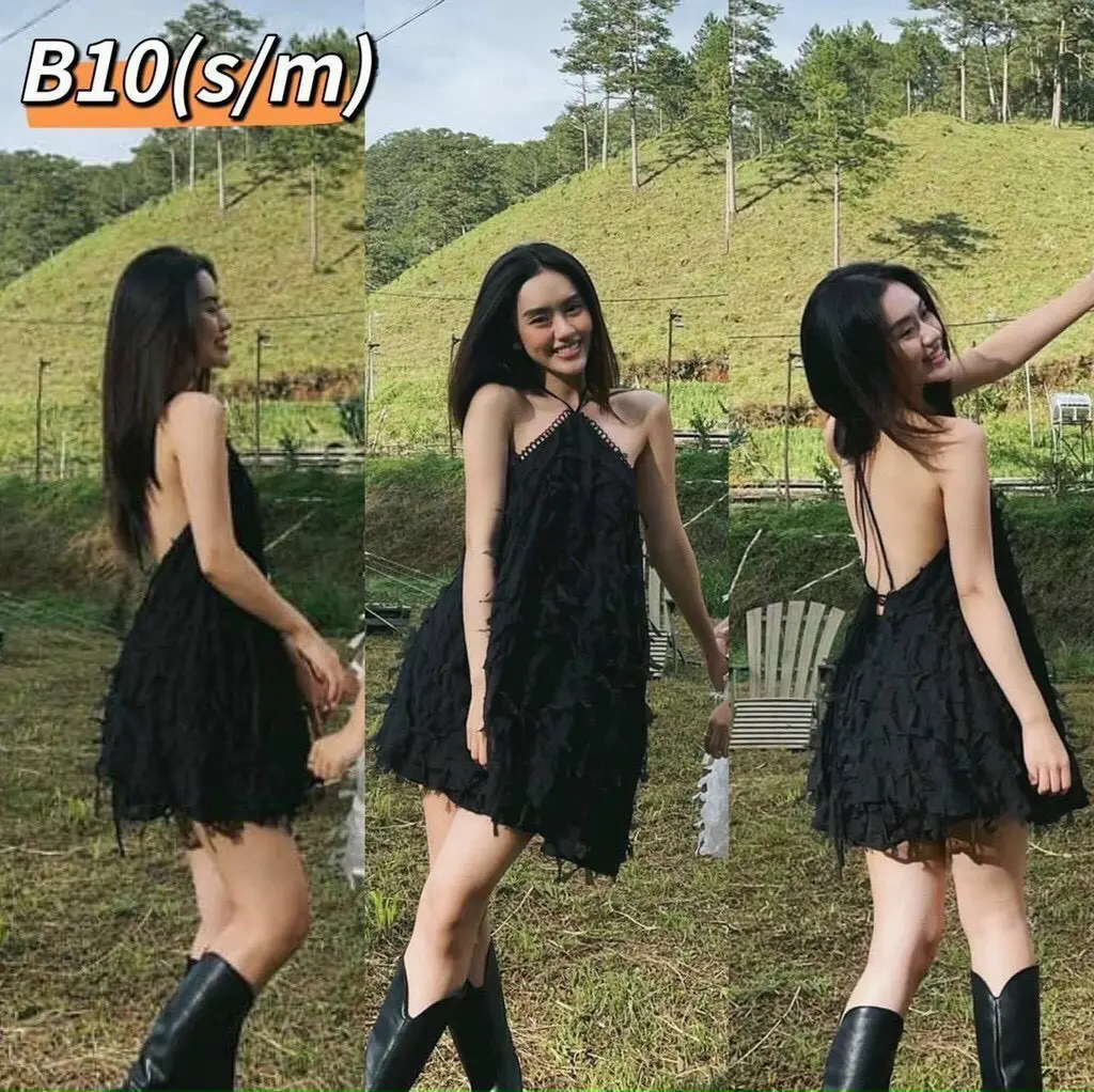 Váy baby doll cổ yếm lông vũ, có kèm lót free size dưới 60kg