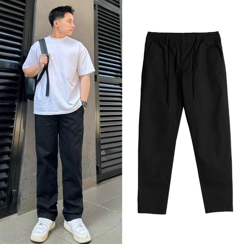  GOZ Quần ống suông chất vải kaki mềm mịn co giãn mặc thoải mái ,quần lưng thun có dây rút eo tiện lợi Màu đen Trơn Cotton Thông thường quan a quần  ống nocturnal 