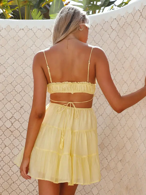 Women's Plain Frill Trim Ruched Tie Front Cami Frenchy Style Dress, Casual Backless Spaghetti Strap Short Dress, Summer Dresses for Women, Ladies Dress for Beach Holiday 5