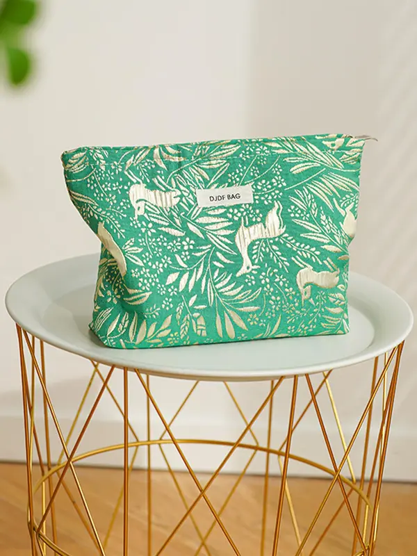 Deer & Leaf Print Makeup Bag, Large Capacity Cosmetic Storage Bag, Portable Travel Toiletry Bag, Zipper Makeup Organizer Pouch 6
