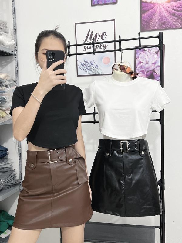 Chân váy da ngắn kèm đai dáng A chân váy ôm body nữ chất liệu da tổng hợp có kèm belt size đến 60kg
