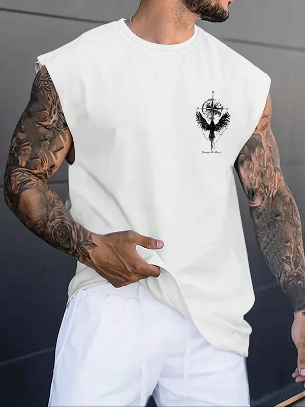Men's Eagle Print Tank Top, Regular Fit Casual Letter Graphic Sleeveless Vest for Summer, Men's Top for Outdoor Climbing, Fitness Wear, Tropical 5