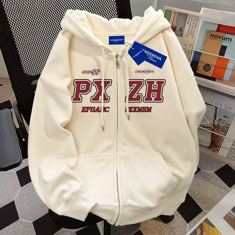 Áo Hoodie Cardigan In Chữ, Thời Trang HipHop, Độn Nhung Mùa Đông, Dáng Rộng Vừa Vặn, Áo Khoác Có Dây Kéo Cặp Đôi, Dành Cho Nam Giới, Phong Cách Dễ Phối Đồ 2024 Menswear Dài Tay 3