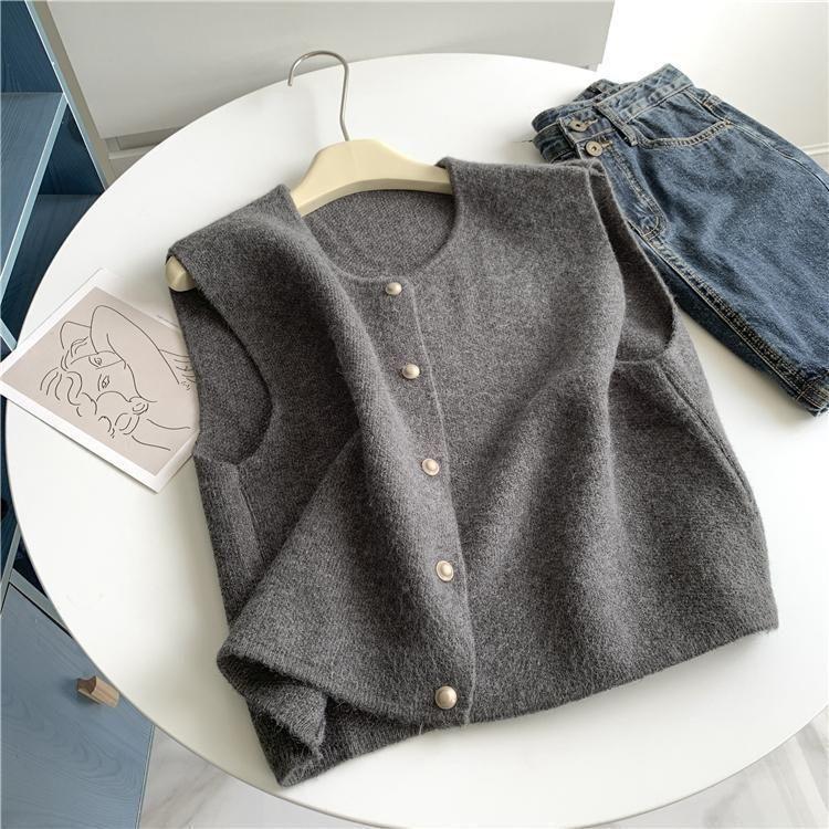 Áo Vest Dệt Kim, Phong Cách Nhẹ Nhàng, Một Hàng, Cỡ Nhỏ, Nút Vàng, Cổ Tròn, Áo Ba Lỗ Không Tay Phong Cách Hàn Quốc, Dành Cho Nữ, Có Thể Mặc Ngoài Trời 5