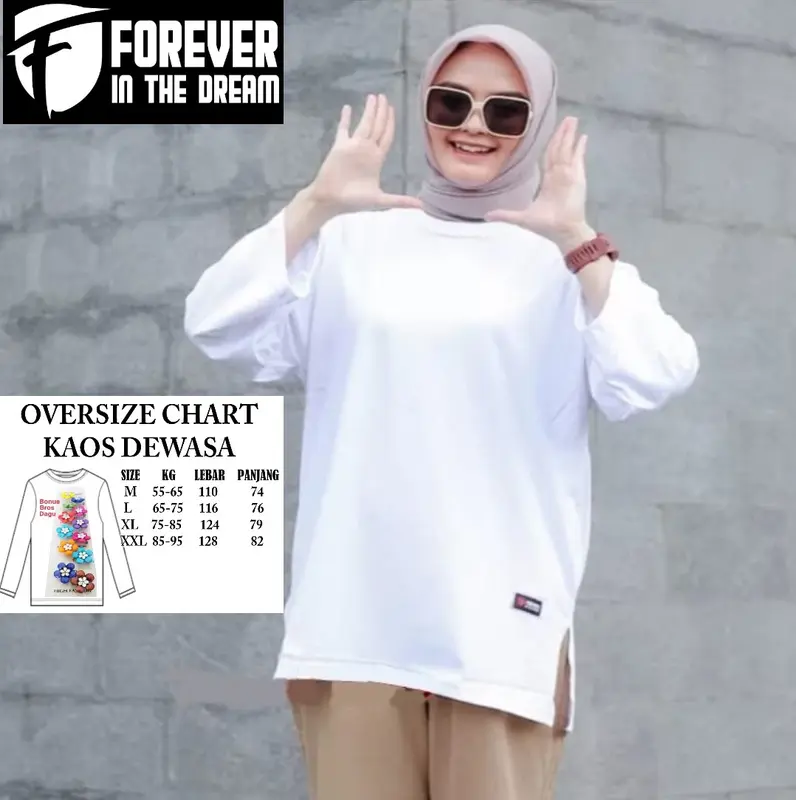 Oversize kaos wanita lengan 7/8 oversized style hijab outfit gemuk Polos combed lembut Baju 0