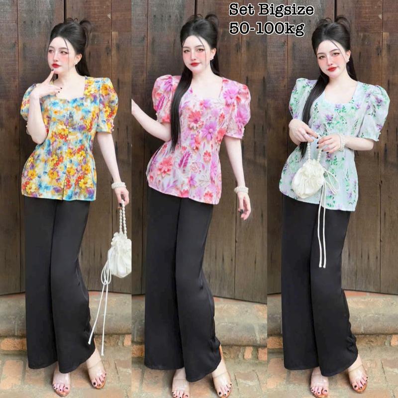 Set Bộ Đồ Bà Ba Bigsize Nữ Mặc Nhà Đi Lễ Chùa Áo Hoa Cổ Vuông Đính Ngọc Trai Kèm Quần Dài Vải Lụa Mango Cao Cấp Thanh Lịch Sang Trọng 50-95kg Áo Top Đồ Lam Pháp Phục Bigsize Women Tay Loe Nhung Ống Loe Dài Tay Đen Voi Ong dobo nguoi - 2332