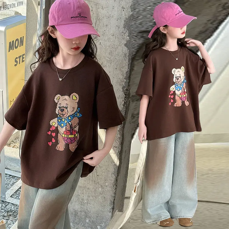 Quần áo bé gái, Bộ sưu tập 18-50kg, Thời trang Hàn Quốc, Thích hợp để mặc hàng ngày hoặc đi học, Quần và áo kiểu gấu tình yêu, Phải mua riêng