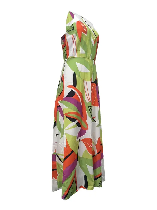 Women's Random Leaf Print Pocket Zipper Cami Dress, Casual Sleeveless Round Neck Long Dress for Beach Holiday Vacation, Ladies Clothes for All Seasons, Womenswear, Sun Dress 3