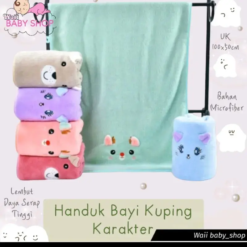 Handuk Bayi Tebal Lembut Motif Kuping Bordir Karakter Ukuran 100x50 cm 0