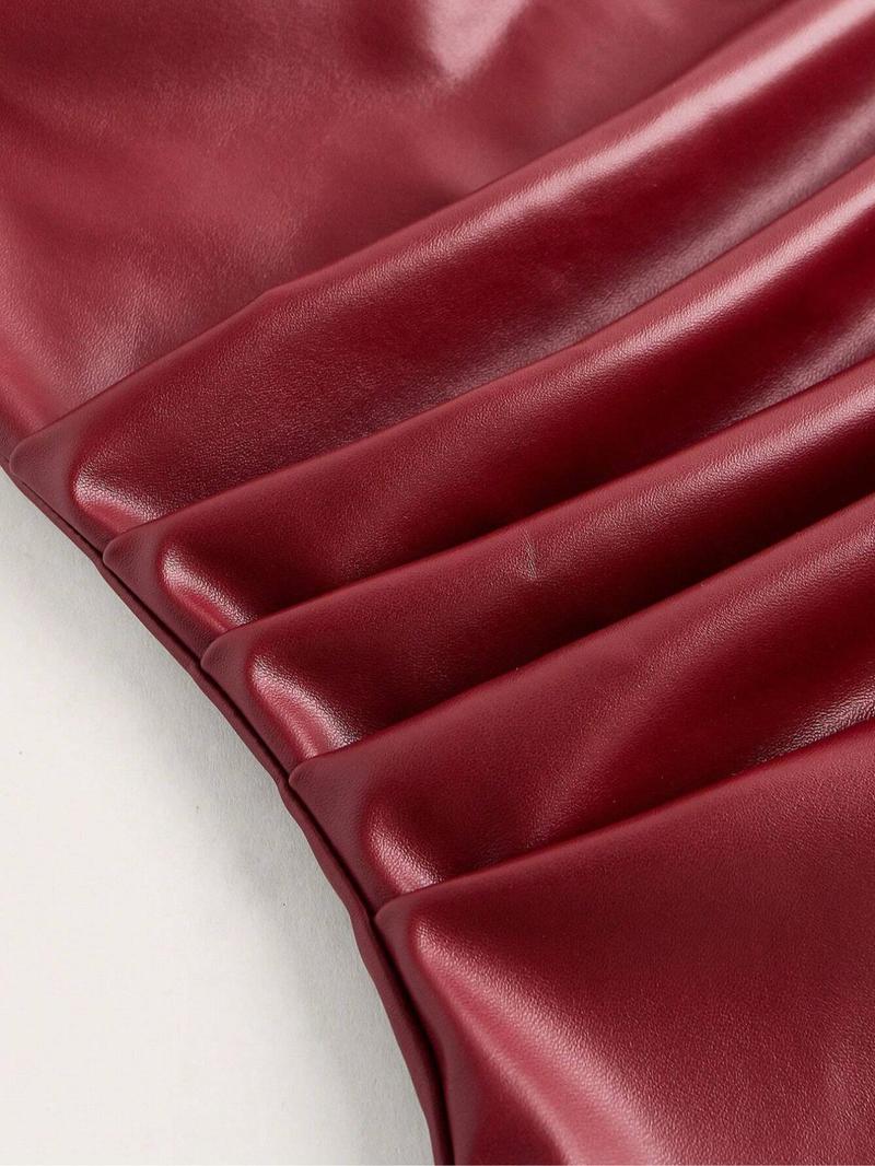 Product Introduction of Women's Solid Color PU Leather Tube Top, Fashionable Asymmetrical Hem Top for Daily Outdoor Wear, Ladies Clothes for Summer 9