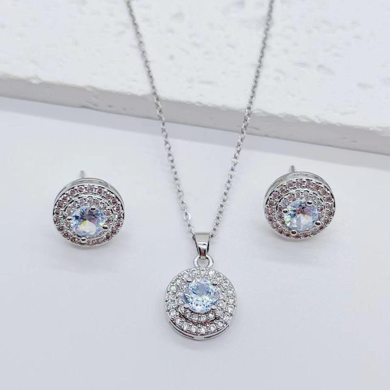 Product Introduction of New Copper Plated Real Gold Micro Inlaid Zirconium round Zircon Earrings Necklace Two-Piece Suit Ornament 5