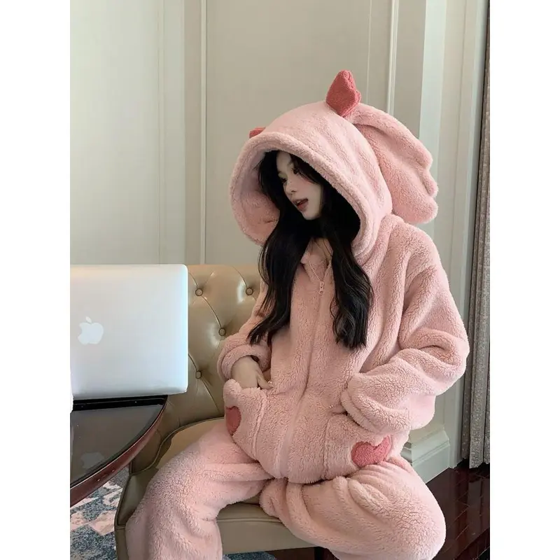 Bộ Đồ Ngủ Nhung San Hô, Dành Cho Nữ, Hàng Mới Về Cho Mùa Thu Và Mùa Đông, Lót Lông Cừu Dày Dặn, Phong Cách Cô Gái Thịnh Hành Có Túi Tình Yêu Thích Hợp Mặc Nhà, Bộ Đồ Đi Chơi 8