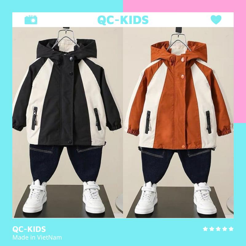 Áo khoác gió bé trai bé gái có mũ phối 2 màu cho bé 10-30kg