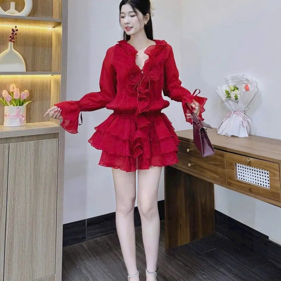 [LOẠI 1] Set áo voan tay loe, viền bèo hoa và quần bh Nữ