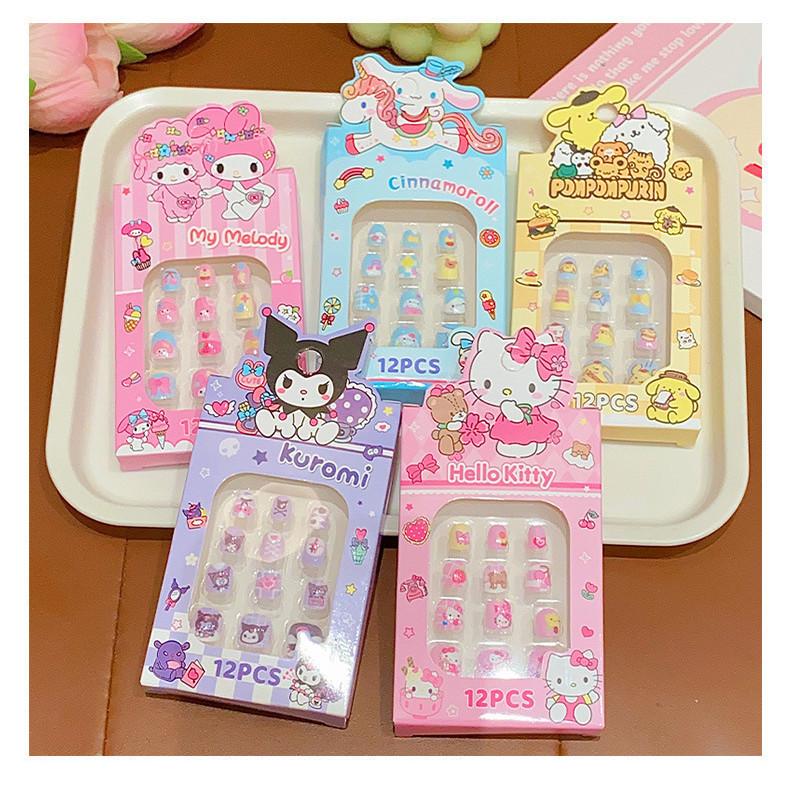 Product Introduction of 12 Pieces/set of Sanrio Cartoon Children's Nail Stickers Kawaii Hello Kitty Kuromi Cinnamoroll Detachable Nails Exquisite Fashion Accessories Girl Gift 13