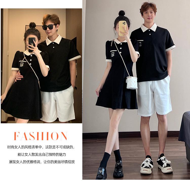 Product Introduction of Couple's outfit 2025 short sleeved lapel T-shirt, home women's waist collection, college style dress, one piece, one skirt, oversized size Womenswear Clothing 3