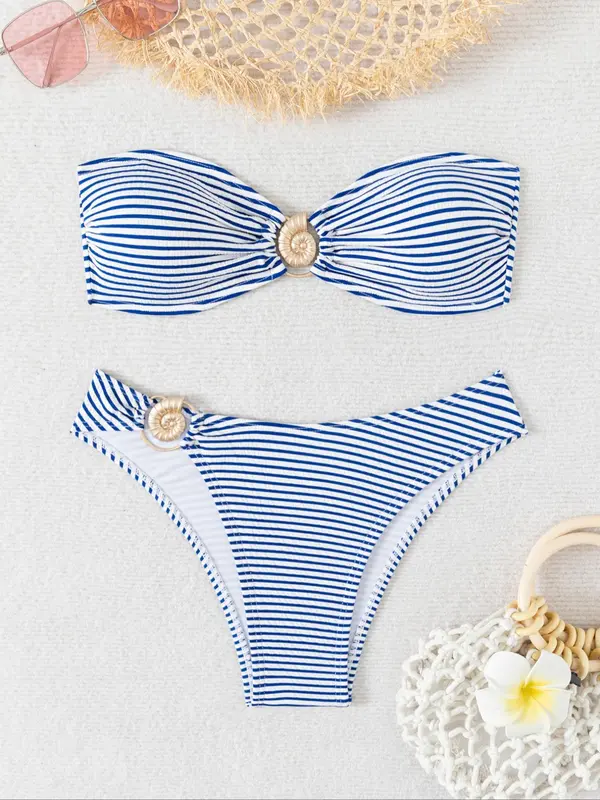 Women's Striped Print Bikini, Casual Fashion Chic Swimwear for Beach Vacation, Ladies Swimsuit for All Seasons, Swimsuit for Women, Bikinis Sets, Bikini Outfits, Summer Beach Bikini, Swimsuit Style Bandeau Bathing Suit, Summer Swimsuit Set, Beachswimsuits 0