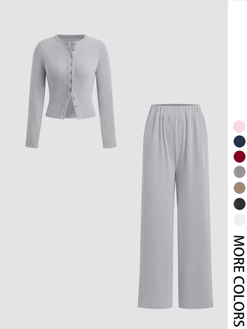 Product Introduction of Two-piece Set Women's Solid Button Front Ribbed Crop Top & Elastic Waist Pants, Casual Long Sleeve Round Neck Top & Trousers 2 Piece Set for Spring & Fall, Women's Clothes for Daily Wear, Sassyandclassyclothing 7