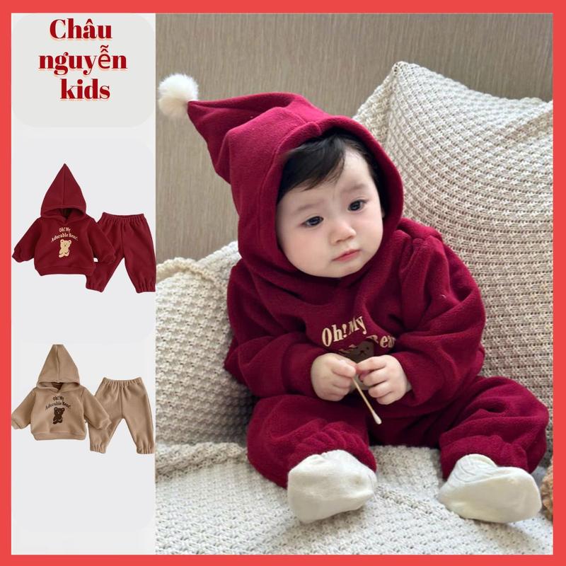 Set bộ đồ nỉ nhung cao cấp dày ấm áo hoodie đỏ giáng sinh hình gấu dễ thương cho bé trai bé gái Châu nguyễn kids