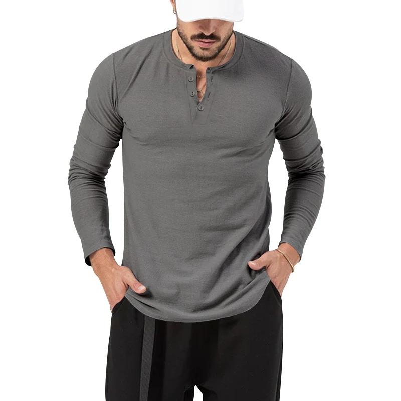 Áo Thun Nam, Cổ Tròn, Màu Trơn Cài Nút, Dài Tay, Henley, Áo Sơ Mi Lớp Nền Thể Thao Thường Ngày 1