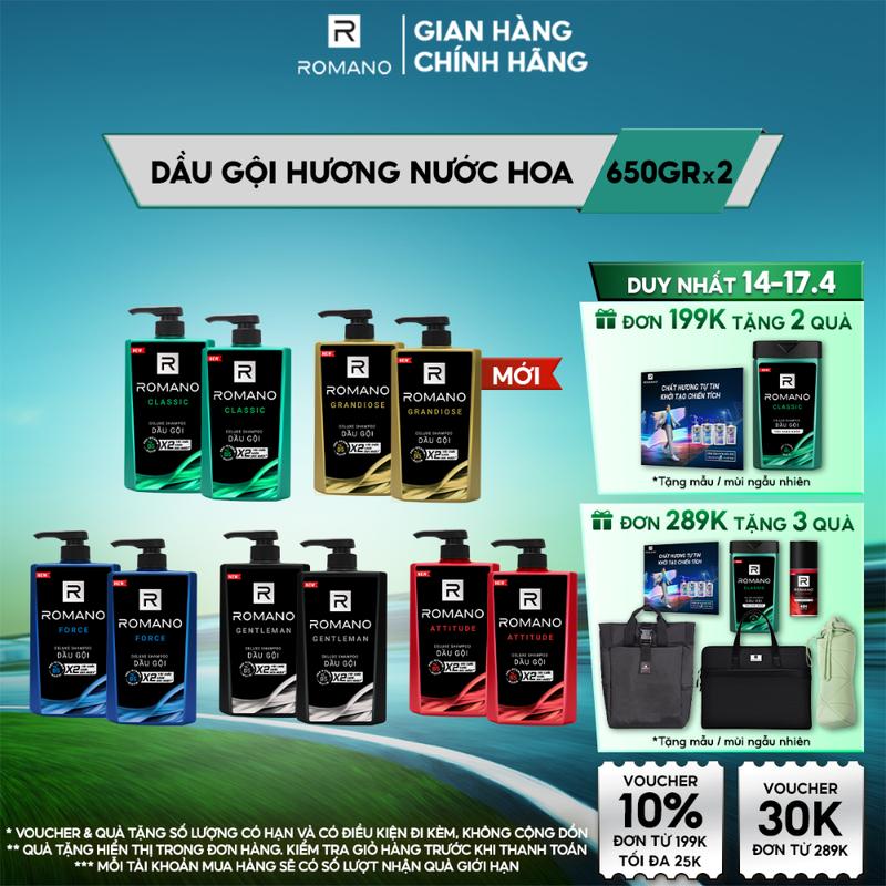 [ĐƠN 199K TẶNG 2 QUÀ] Combo 2 Dầu gội Chăm Sóc Tóc cho nam Romano hương nước hoa Attitude/Gentleman/Force/Classic/Grandiose 650g/chai - 5 Mùi hương có sẵn