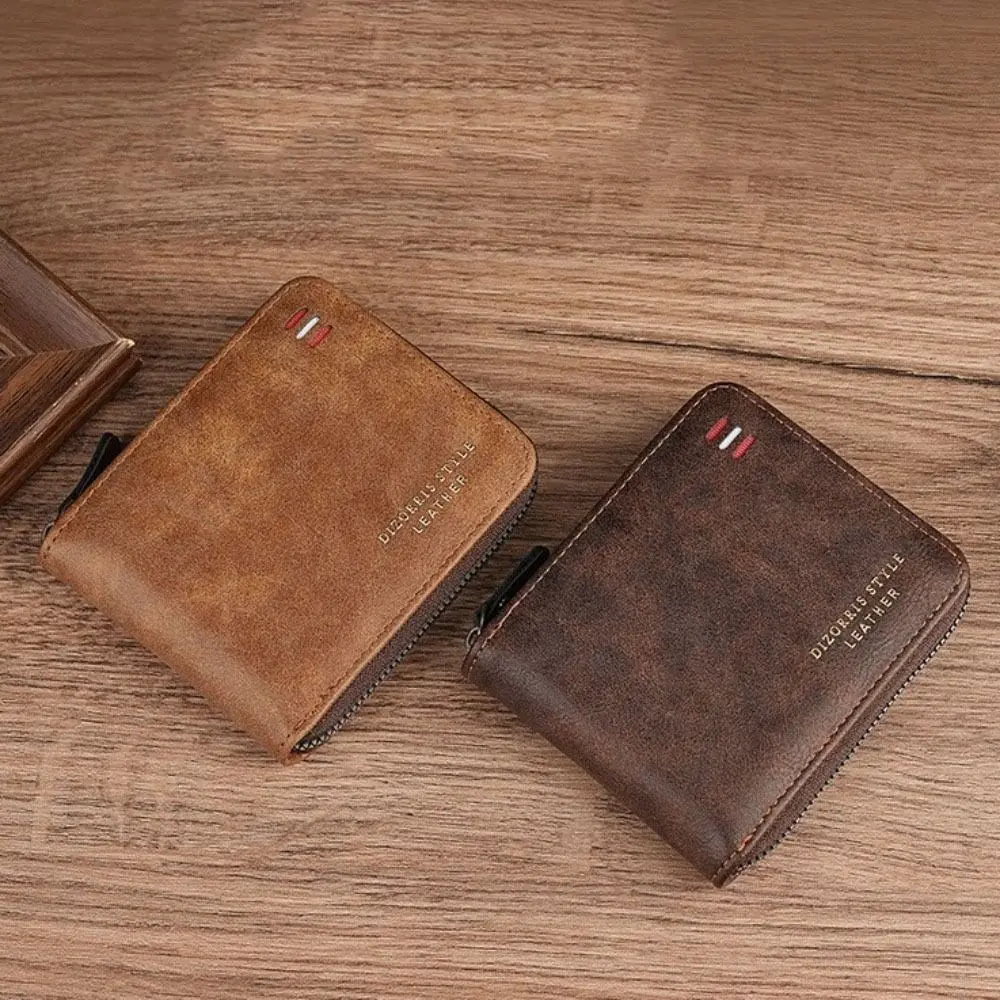 Simple PU Leather Men Short Wallet Solid Color Folding Business Clutch Bag Zipper Multi Card Slot Card Holder Gift