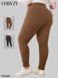 CURVZY Plus Size Solid High Waist Ribbed Leggings, Casual Comfy Skinny Pants for Daily Wear, Women's Bottoms for All Seasons, Fall&Winter Clothes