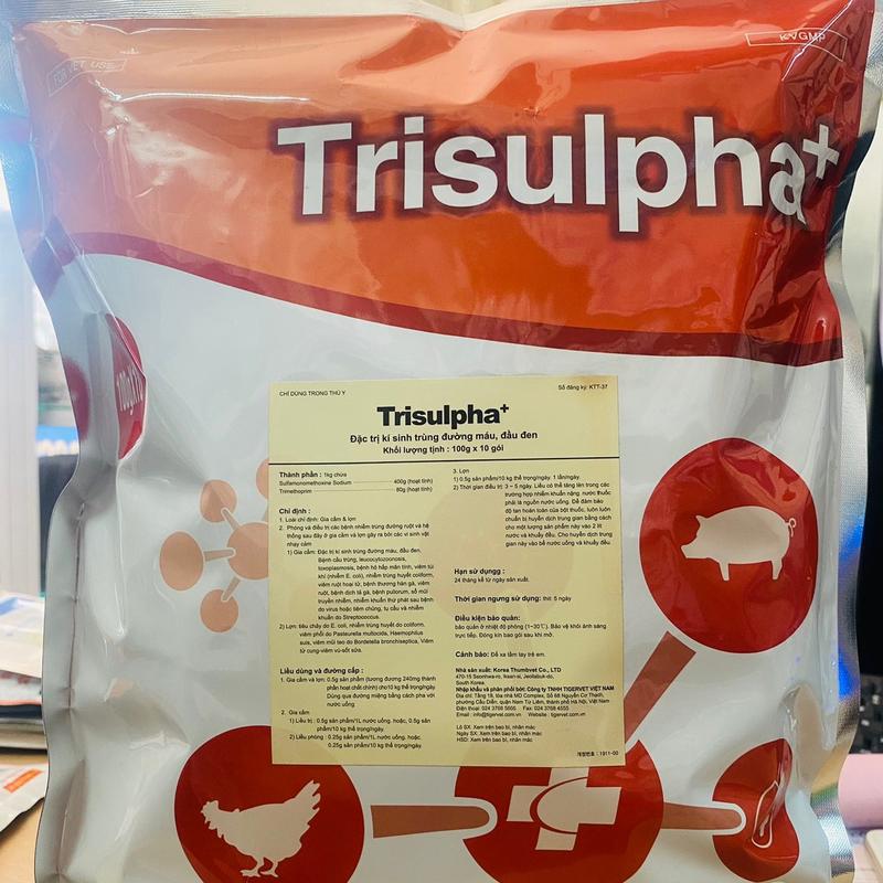 TRISULPHA gói 100g. Ốm lường mặt tái khô chân ký sinh trùng đường máu đầu đen phân xanh phân trắng cầu trùng viêm ruột hoại tử bệnh dich tả gà. Thuốc bổ dành cho gia súc gia cầm .