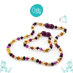 Kalung dan Gelang Amber Tumbuh Gigi Bayi dengan Pink Lace Agate By Carlis Baby. AGL40