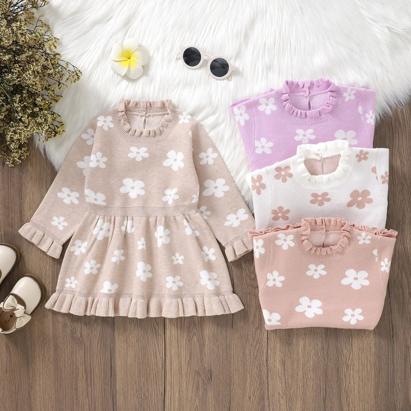 Kids Girl Long Sleeve Dress Casual Floral Print Ruffle Sweater A-Line Dress for Toddler Baby Spring Clothes