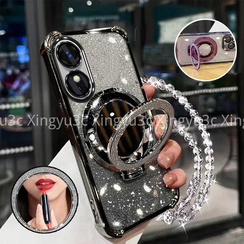 Luxury Sparkling Handphone Case for OPPO A17 A97 5G A38 4G A18 A60 four corners shockproof phone case 3D makeup mirror holder new bracelet soft case 2
