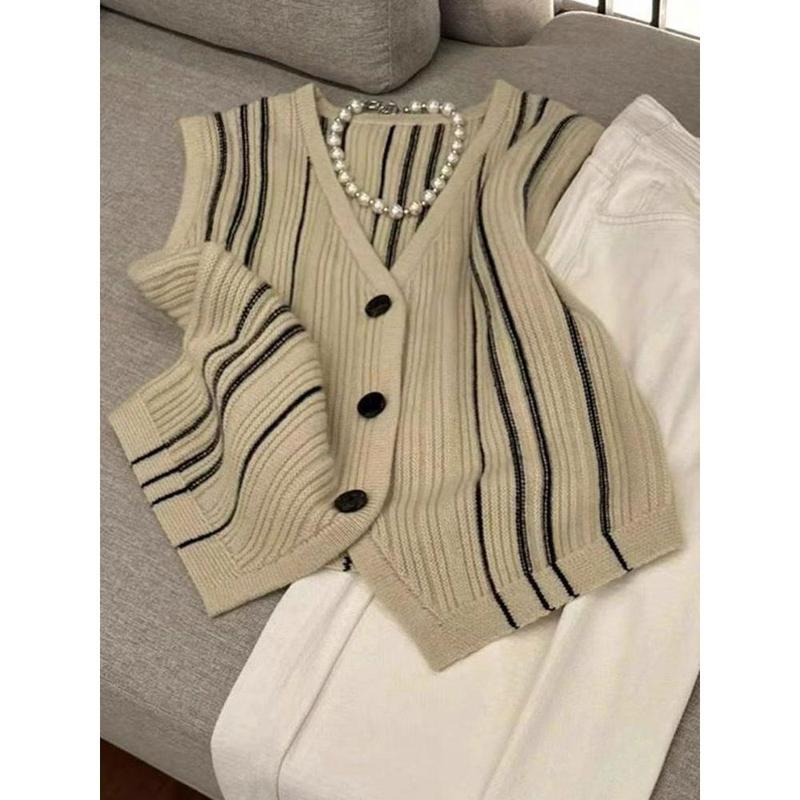 Áo Vest Phong Cách Cổ Điển, Dệt Kim, Sọc Màu Be, Áo Cardigan, Váy Băng Quấn Áo Ghi Lê, Dễ Phối Đồ, Trông Trẻ Trung, Thích Hợp Cho Nam Giới