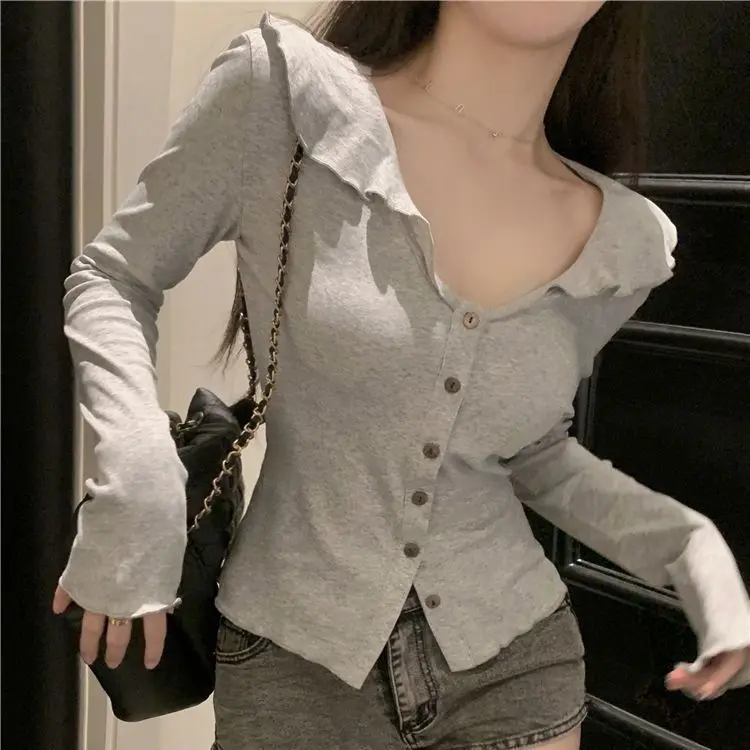 Áo Sơ Mi Lớp Nền Xếp Nhún Cổ Búp Bê Bó Sát Eo, Phong Cách Hàn Quốc Mới Dongdaemun, Áo Thun Dài Tay Ins, Dành Cho Nữ, Chất Liệu Bông, Hàn Quốc