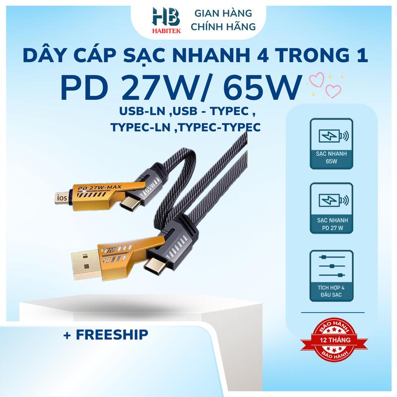 Cáp Sạc Nhanh 65W/27W, 4 trong 1 , USB-LN , USB-TYPEC, TYPEC-TYPEC, TYPEC-LN , Thích Hợp Nhiều Thiết Bị Di Động ,{ bảo hành 6 tháng } Sạc Điện Thoại Phone