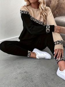 Two-piece Set Women's Colorblock Tape Sweater & Pants Set, Casual Drop Shoulder Long Sleeve Jumper & Trousers, Ladies Two-piece Outfits for Fall & Winter