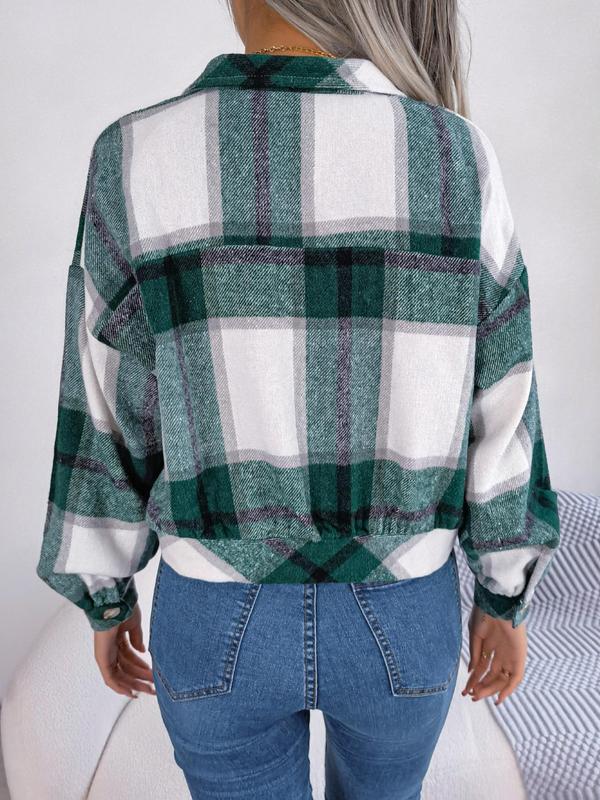 Women's Plaid Print Collared Long Sleeve Button Front Jacket, Jacket for Women, Pocket Design Drop Shoulder Button Up Outerwear, Women's Clothing 6