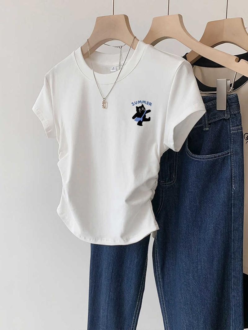 Product Introduction of Pleated design sense T-shirt women's summer new cotton waist curved hem slim short sleeve 3