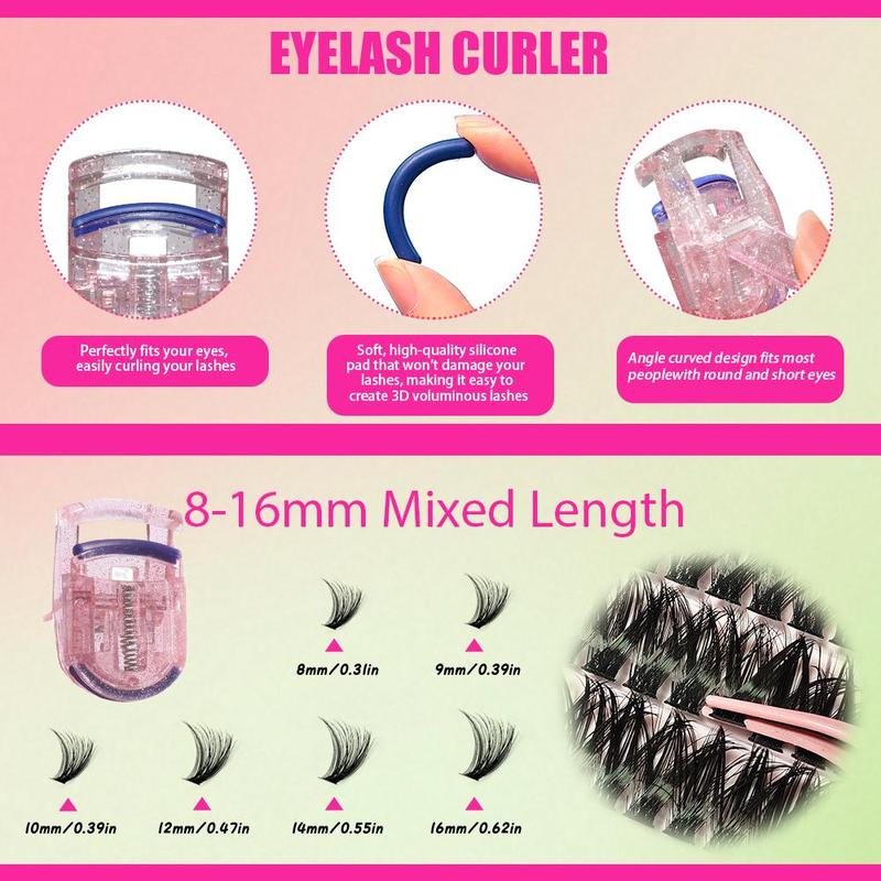 Eyelash Extensions Kit, 1 Set Eyelash Clusters with Eyelash Glue & Tweezers & Brush & Eyelash Curler & Makeup Tools, Eye Makeup Accessories, Cosmetic 6
