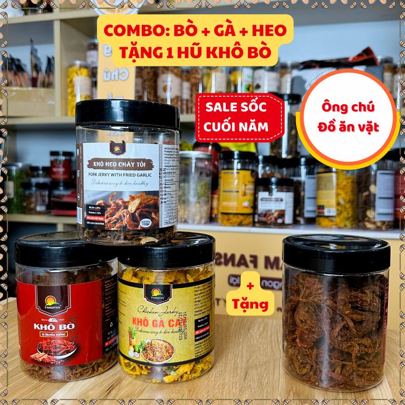 Combo Mix Vị: Khô Bò + Khô Gà + Khô Heo TẶNG 1 hũ KHÔ BÒ - Ông chú đồ ăn vặt CB4 - Đồ ăn vặt snack Food Thức Ăn