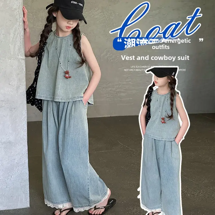 Bộ Đồ Bé Gái, Thiết Kế Hai Mảnh, Thời Trang Hàn Quốc, Thích Hợp Mặc Hàng Ngày Hoặc Đi Học, Áo Vest, Phong Cách Denim, Có Sẵn Trong Cân Nặng 18-50kg